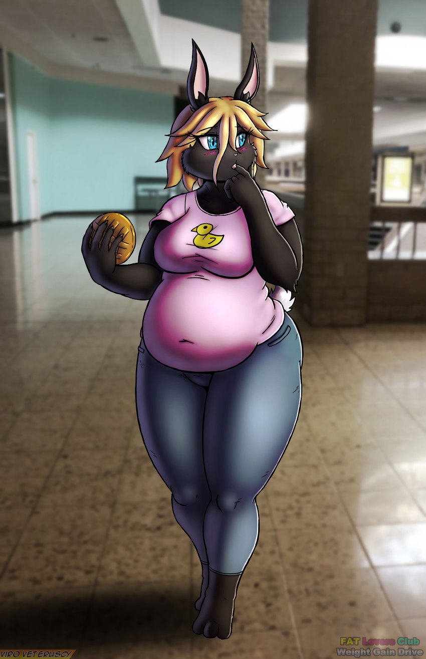 anthro belly black_body black_fur blonde_hair blue_eyes blush bottomwear breasts clothing denim denim_bottomwear denim_clothing dessert eating eating_food female food fur hair jeans navel_outline overweight overweight_anthro overweight_female pants pastry photo_background shirt solo text thick_thighs topwear weight_gain weight_gain_drive viroveteruscy if_hell_had_a_taste blake_dinewel lagomorph leporid mammal rabbit 2023 absurd_res artist_name digital_media_(artwork) english_text hi_res photography_(artwork)