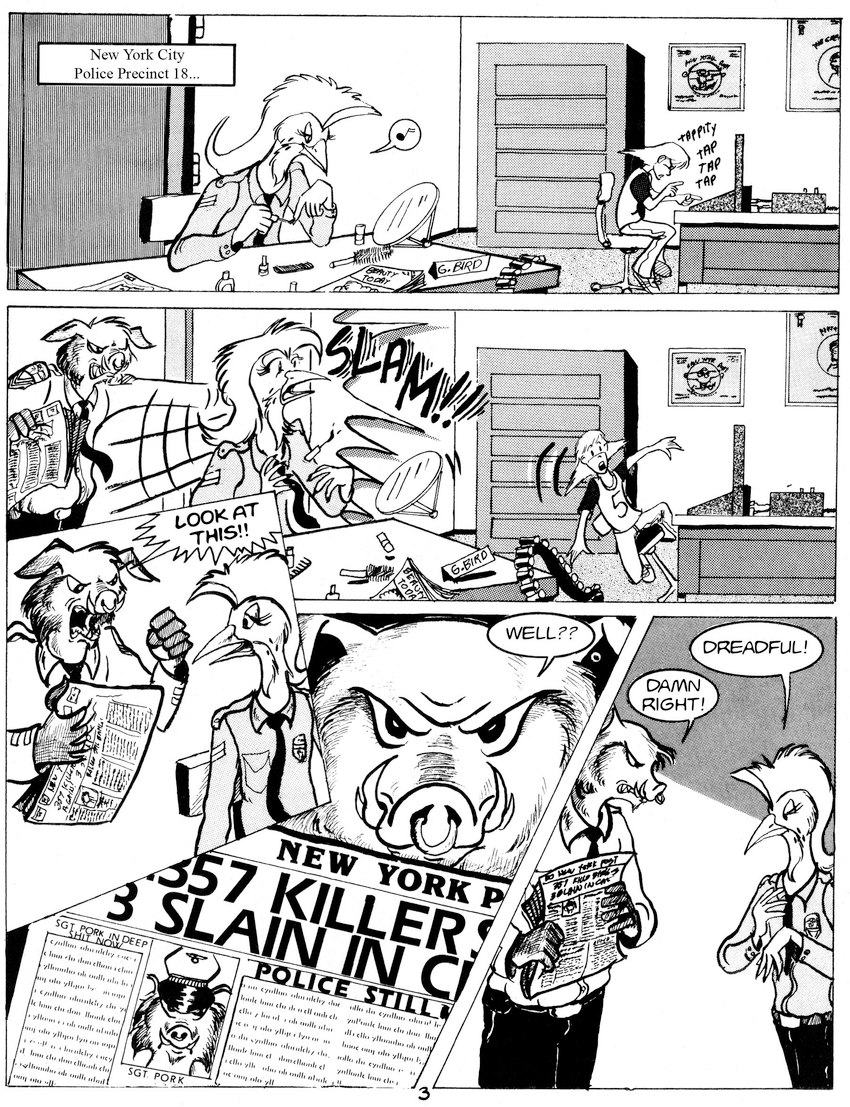 angry anthro boss clothing computer detailed_background dialogue door_slam electronics facial_piercing group male new_york_city newspaper nose_piercing nose_ring piercing police police_officer police_station police_uniform ring_piercing scared septum_piercing septum_ring speech_bubble text text_box trio uniform roz_gibson avian bird human mammal suid suina sus_(pig) wild_boar 1987 1988 1990 black_and_white comic english_text hi_res monochrome