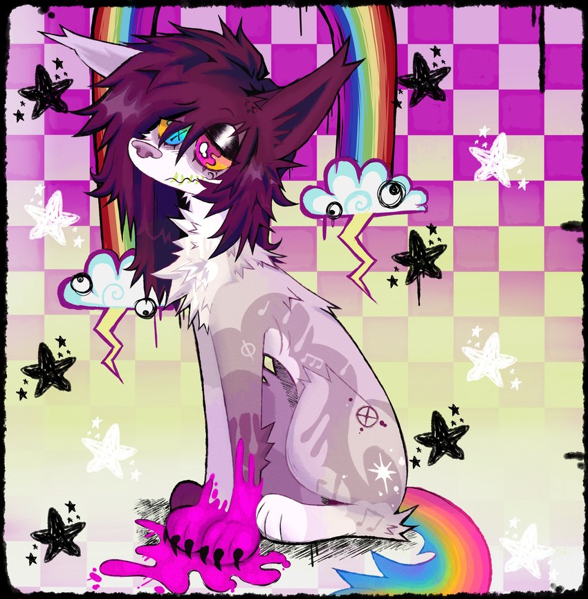 2000s_theme alternative_fashion ambiguous_gender black_border border emo feral frutiger_metro glamfur rainbow scene_(fashion) scene_haircut sitting solo sparklefur y2k_(graphic_design) spitthesauce canid mammal absurd_res colorful_theme hi_res tagme