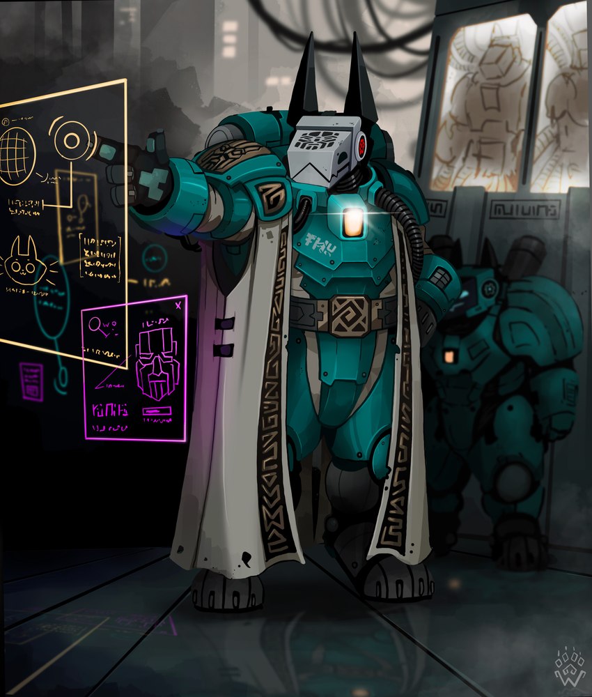 4_fingers alternate_species anthro armor clothed clothed_anthro clothed_male clothing digitigrade duo_focus fingers furrification greater_thurian_league group holographic_screen leagues_of_votann machine male power_armor standing wolfdawg warhammer_(franchise) warhammer_40000 dwarf kin_(warhammer_40000) protogen 2024 absurd_res hi_res