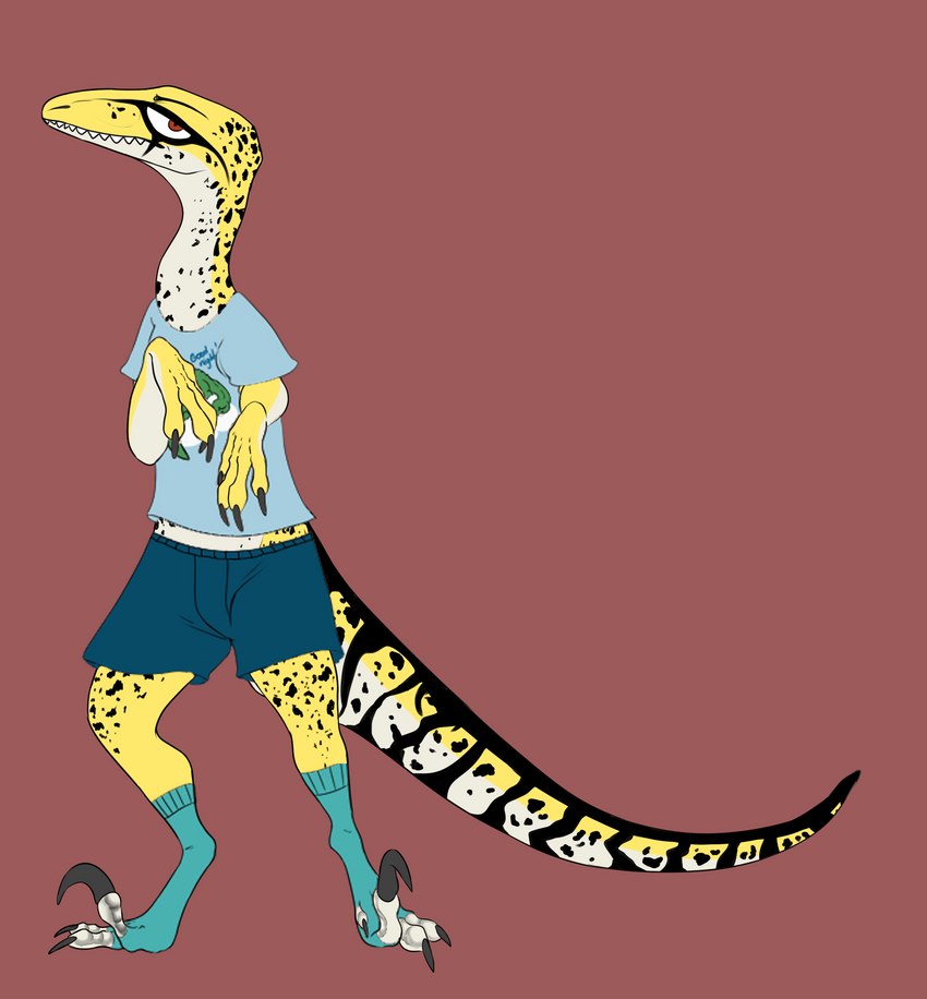 bottomwear clothing feral footwear male semi-anthro shorts socks solo denmur kitsune2000 dinosaur dromaeosaurid prehistoric_species reptile scalie theropod utahraptor artist_collaboration hi_res