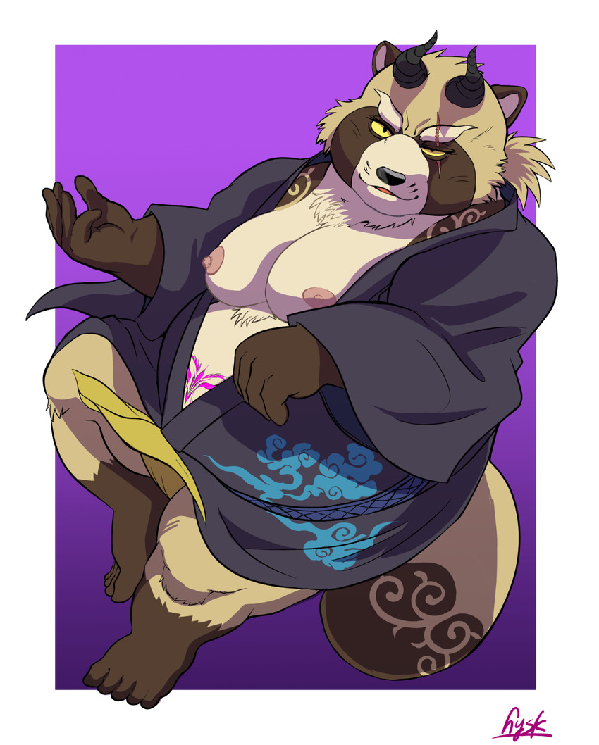 anthro asian_clothing belly brown_body brown_fur clothing east_asian_clothing fundoshi fur happi_(clothing) horn humanoid_hands japanese_clothing kemono male moobs nipples overweight overweight_anthro overweight_male scar solo underwear hysk lifewonders tokyo_afterschool_summoners gyobu_(tas) canid canine mammal raccoon_dog tanuki 2021 hi_res