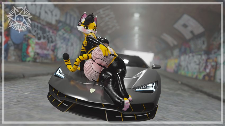 anthro bedroom_eyes big_butt blush butt car clothed clothing ear_piercing exhibitionism female fishnet_clothing flesh_tunnel gauged_ear graffiti latex looking_at_viewer looking_back narrowed_eyes outside piercing presenting public rear_view seductive solo stripes vehicle opalthetiger lamborghini lamborghini_centenario opal_the_tiger felid mammal pantherine tiger 16:9 3d_(artwork) digital_media_(artwork) hi_res widescreen