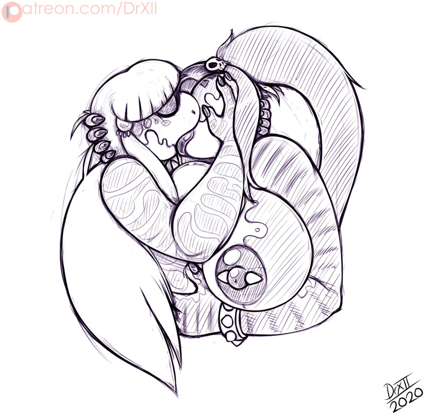 anthro big_breasts breasts duo female female/female huge_breasts kissing nipple_piercing nipples non-mammal_breasts non-mammal_nipples nude piercing simple_background drxii yoshi_and_toad_kissing nova_(ashking) sif_(drxii) nushi reptile scalie 2020 digital_media_(artwork) monochrome