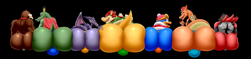 anthro big_butt bloodshot_eyes bulge bulge_size_difference butt butt_size_difference character_select group huge_butt hyper hyper_butt lineup looking_at_viewer male muscular muscular_male simple_background transparent_background wide_image spaca donkey_kong_(series) kirby_(series) mario_bros metroid nintendo pokemon bowser donkey_kong_(character) king_dedede king_k._rool ridley ape avian bird charizard crocodilian generation_1_pokemon generation_7_pokemon gorilla haplorhine incineroar koopa kremling mammal penguin pokemon_(species) primate reptile scalie space_dragon_(metroid) space_pirate_(species) absurd_res alpha_channel crossover hi_res long_image