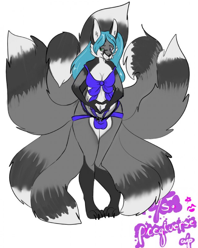 9_tails anthro black_claws blue_clothing blue_hair breasts claws clothed clothing fur grey_body grey_fur grey_tail gynomorph hair heterochromia intersex multi_tail multicolored_body multicolored_fur pregnant pregnant_anthro pregnant_gynomorph pregnant_intersex smile solo tail two_tone_body two_tone_fur two_tone_tail white_body white_fur white_tail cyocyo nikorokumitsero aleu_moonshadow canid canine fox mammal 4:5 hi_res