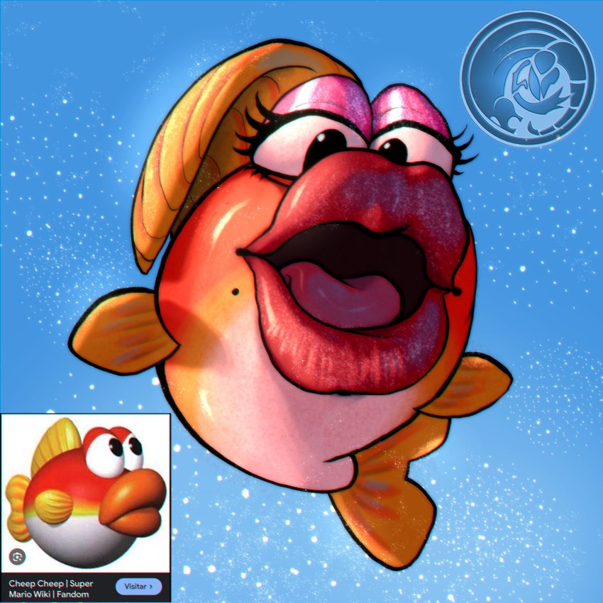 black_eyes eyelashes eyeshadow female feral fin glistening glistening_body half-closed_eyes huge_lips jumping lips logo looking_at_viewer makeup mole_under_mouth narrowed_eyes open_mouth purple_eyeshadow red_body red_lips simple_background solo text thick_lips tongue white_background white_body yellow_fin dragonfetus mario_bros nintendo cheep_cheep fish marine 1:1 absurd_res artist_logo english_text hi_res reference_image