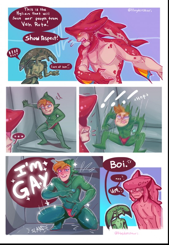 anthro clothed clothing hair male open_mouth smile stated_homosexuality stated_sexuality text haydenstori breath_of_the_wild nintendo the_legend_of_zelda idubbbz link muzu prince_sidon fish humanoid hylian mammal marine shark zora 2017 comic digital_media_(artwork) english_text hi_res meme