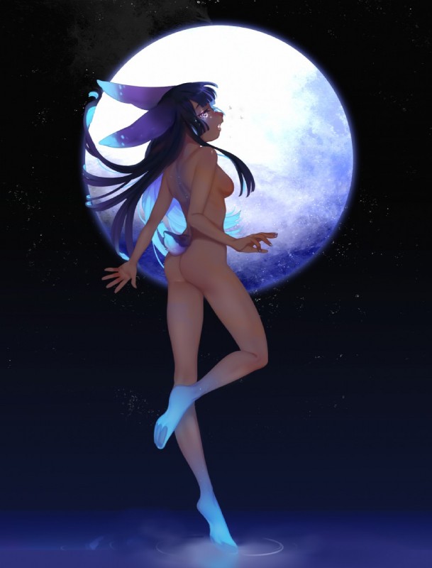 3_toes anthro bioluminescence biped blue_hair breasts brown_body brown_skin butt butt_pose eyelashes eyeliner eyeshadow feet female fingernails glitter glowing hair long_ears long_hair looking_back makeup moon nails night nude on_one_leg open_mouth pawpads pose sky solo sparkles standing star supermoon toes 009w lagomorph mammal hi_res