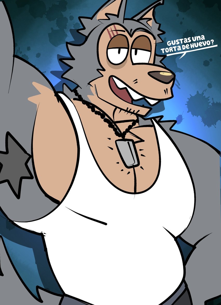 anthro armpit_hair body_hair clothing dog_tags facial_scar leaning_on_wall male muscular muscular_anthro muscular_male notched_ear pecs scar shirt solo tank_top text topwear white_clothing white_shirt white_tank_top white_topwear janjauwu beastars legoshi_(beastars) canid canine canis mammal wolf hi_res spanish_text