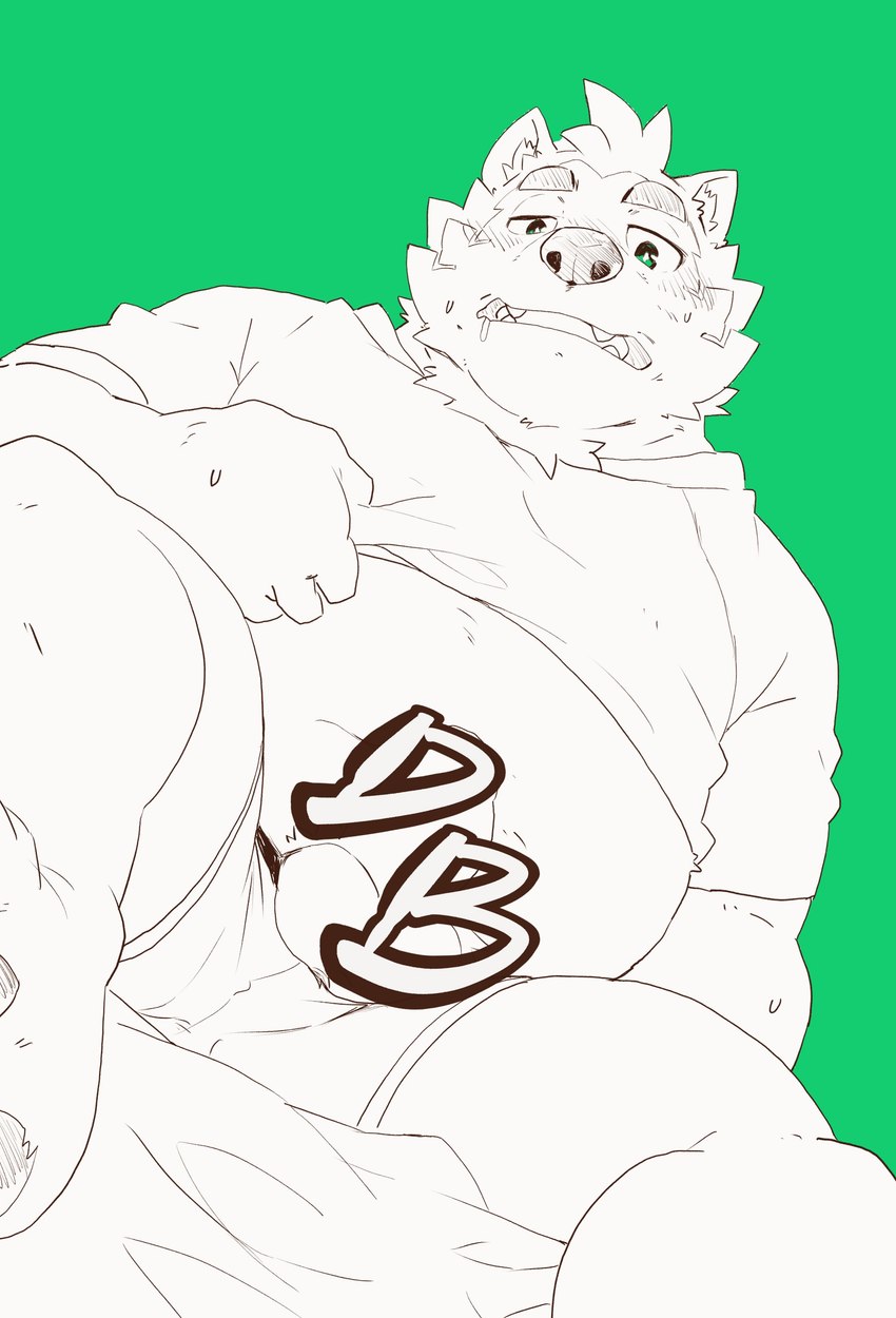 anthro balls belly blush bodily_fluids boxer_briefs clothed clothing clothing_lift convenient_censorship drooling embarrassed erection eyebrows fur genitals half-closed_eyes humanoid_genitalia humanoid_penis kemono looking_down low-angle_view male narrowed_eyes open_mouth overweight overweight_male pawpads paws penis saliva shirt shirt_lift simple_background slightly_chubby solo sweat t-shirt thick_eyebrows topwear underwear undressing heylaw21 lifewonders live_a_hero mokdai canid canine canis domestic_dog mammal absurd_res censored hi_res