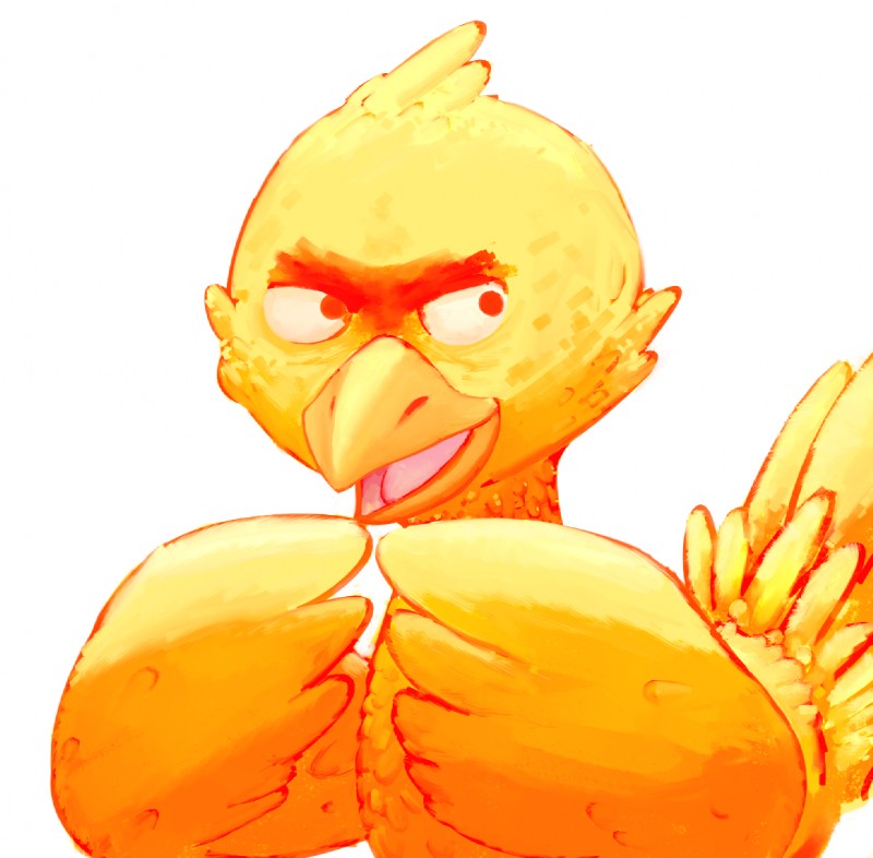 ambiguous_gender beak biped evil_face eyebrows index_to_index orange_body outline red_outline solo unibrow yellow_body air6ornepig final_fantasy final_fantasy_xv square_enix avian bird chocobo digital_media_(artwork) digital_painting_(artwork) half-length_portrait painting_(artwork) portrait warm_colors