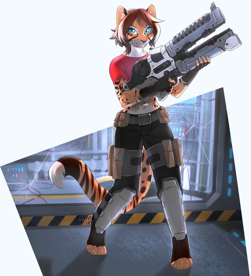 anthro armor barefoot belly_valve blue_eyes bottomwear brown_body brown_fur brown_hair brown_nose claws clothing digitigrade fangs feet female front_view fur future gun hair holding_object holding_weapon inflatable long_tail nozzle orange_body orange_fur pants railgun ranged_weapon red_clothing red_shirt red_topwear shirt short_hair simple_background smile solo standing tail teeth thin_tail topwear weapon white_background white_body white_claws white_fur hihikori daniel156161_(character) leonie_(daniel156161) animate_inanimate cheetah felid feline hybrid jaguar living_inflatable mammal pantherine tiger 2018 absurd_res full-length_portrait hi_res portrait