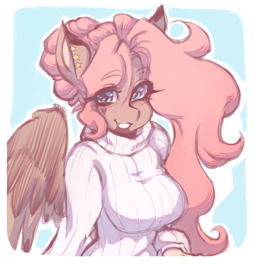 anthro clothed clothing ear_piercing eyebrows eyelashes female grin hair long_hair looking_at_viewer piercing simple_background smile solo wings tolsticot mythology fan_character equid equine mammal mythological_creature mythological_equine pegasus 2023