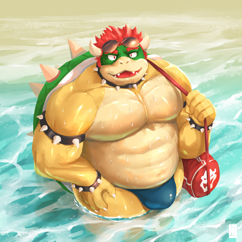 2_horns anthro belly bulge clothing horn humanoid_hands male moobs outside overweight overweight_anthro overweight_male solo swimwear water m7 mario_bros nintendo bowser koopa scalie 1:1 2020