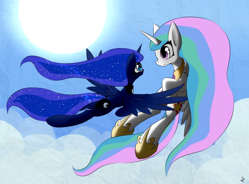 blue_eyes cutie_mark day duo female feral flying hair hooves horn multicolored_hair outside smile sun wings queenbloodysky friendship_is_magic hasbro my_little_pony mythology princess_celestia_(mlp) princess_luna_(mlp) equid equine mammal mythological_creature mythological_equine winged_unicorn absurd_res hi_res