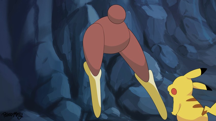 black_body black_fur brown_body brown_fur cave featureless_crotch female fur male rear_view rock stuck through_wall yellow_body yellow_fur potateymatey nintendo pokemon generation_1_pokemon generation_4_pokemon lagomorph lopunny mammal pikachu pokemon_(species) rodent hi_res