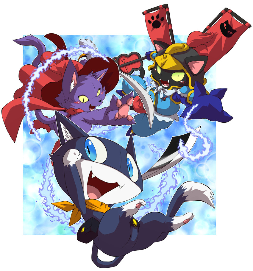 3_toes 4_fingers ambiguous_gender anthro armor banner belt black_body black_fur blue_clothing blue_eyes blue_footwear blue_gloves blue_handwear blue_shoes blush boots border bottomless bottomless_anthro butt cape cheek_tuft clothed clothing costume cute_fangs facial_tuft fangs featureless_crotch feet fingers fist floating footwear fully_clothed fur gloves gloves_(marking) green_sclera group handwear hat head_tuft headgear headwear helmet holding_object holding_weapon inner_ear_fluff katana kerchief leg_markings logo markings mask melee_weapon mostly_nude open_mouth open_smile pawpads pink_pawpads pose pupils purple_body purple_fur purple_tail raised_fist raised_hand red_boots red_cape red_clothing red_footwear red_hat red_headwear samurai shoes simple_background slit_pupils smile socks_(marking) sword tail tail_markings teeth toes tool_belt topwear trio tuft warrior weapon white_background white_body white_border white_fur white_markings white_sclera yellow_kerchief chibineco atlus celtic_mythology european_mythology megami_tensei megami_tensei_persona mythology persona_(series) persona_5 sega cait_sith_(megami_tensei) morgana_(persona) cat-sith domestic_cat felid feline felis mammal tuxedo_cat absurd_res digital_media_(artwork) hi_res