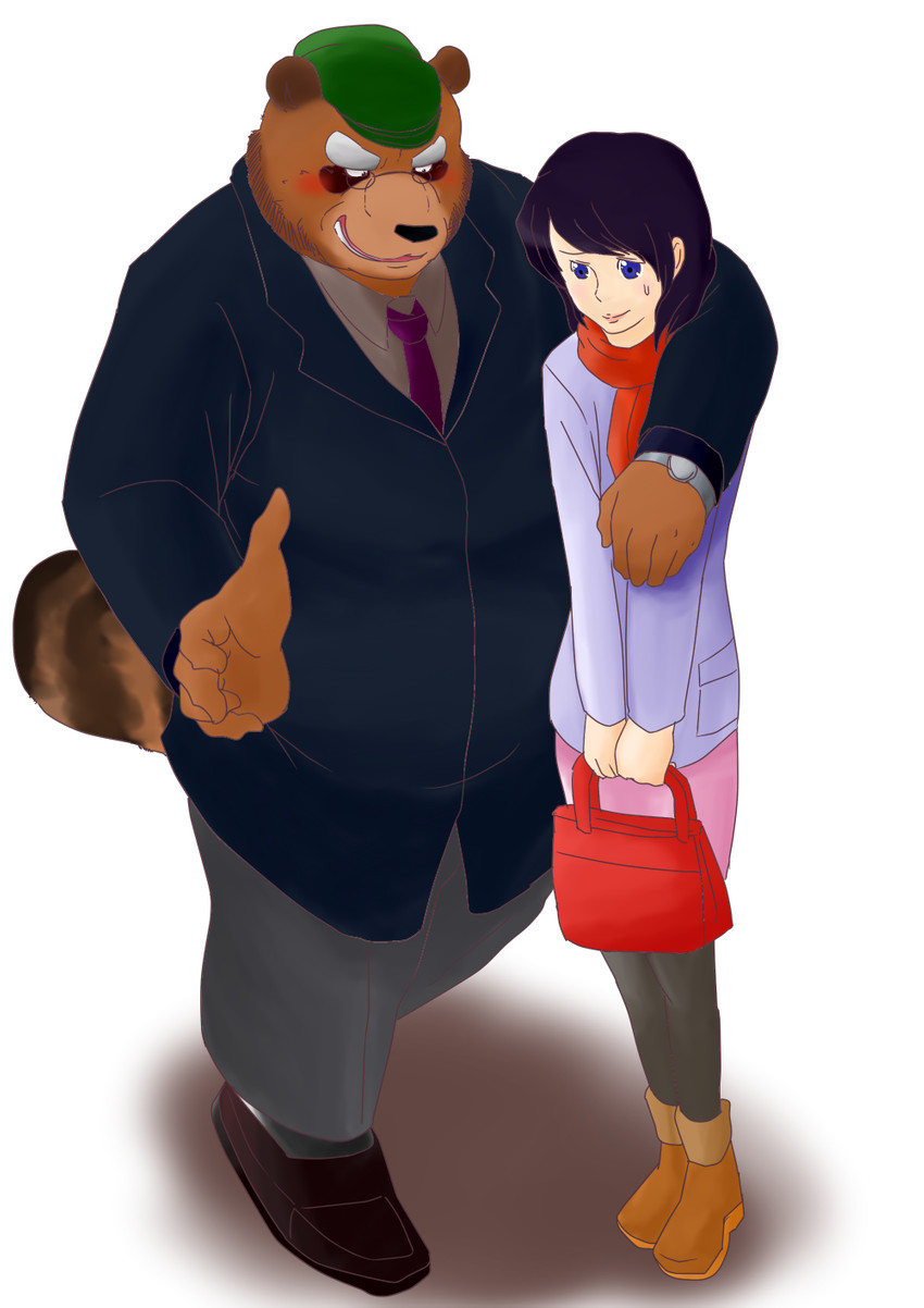 anthro bottomwear brown_body brown_fur clothing duo female fur hug kemono male overweight overweight_male pants scarf shirt simple_background topwear white_background kuma_(pixiv_881259) kumadasi canid canine human mammal raccoon_dog tanuki 2012 hi_res