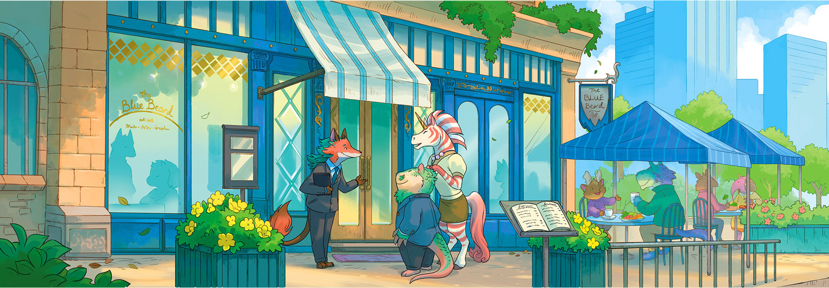 anthro bottomwear brown_body brown_fur building business_suit chair clothing container cup day detailed_background eyes_closed female flower food fur furniture green_body green_hair group hair horn jewelry male outside plant restaurant shirt sign sitting skirt smile standing suit table tail topwear window sandara critter_kitchen mythology canid canine equid equine fox mammal mythological_creature mythological_equine reptile scalie unicorn 2025 hi_res official_art