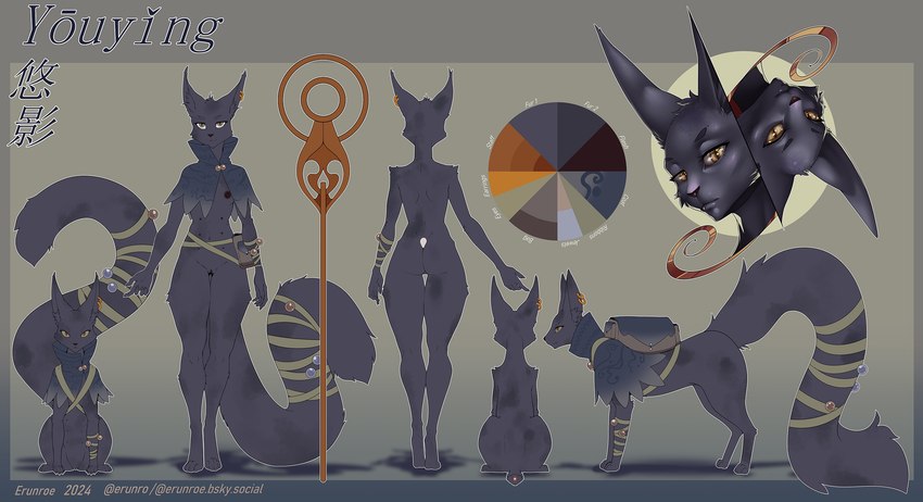 alternate_form anthro butt capelet ear_piercing ear_ring female feral fur genitals grey_body grey_capelet grey_ears grey_face grey_fur grey_inner_ear grey_inner_ear_fluff inner_ear_fluff long_tail mouth_closed narrowed_eyes nude piercing pussy rear_view ring_piercing staff standing tail tail_wraps tall thigh_gap tuft wraps erunroe felid feline mammal serval 2024 hi_res model_sheet