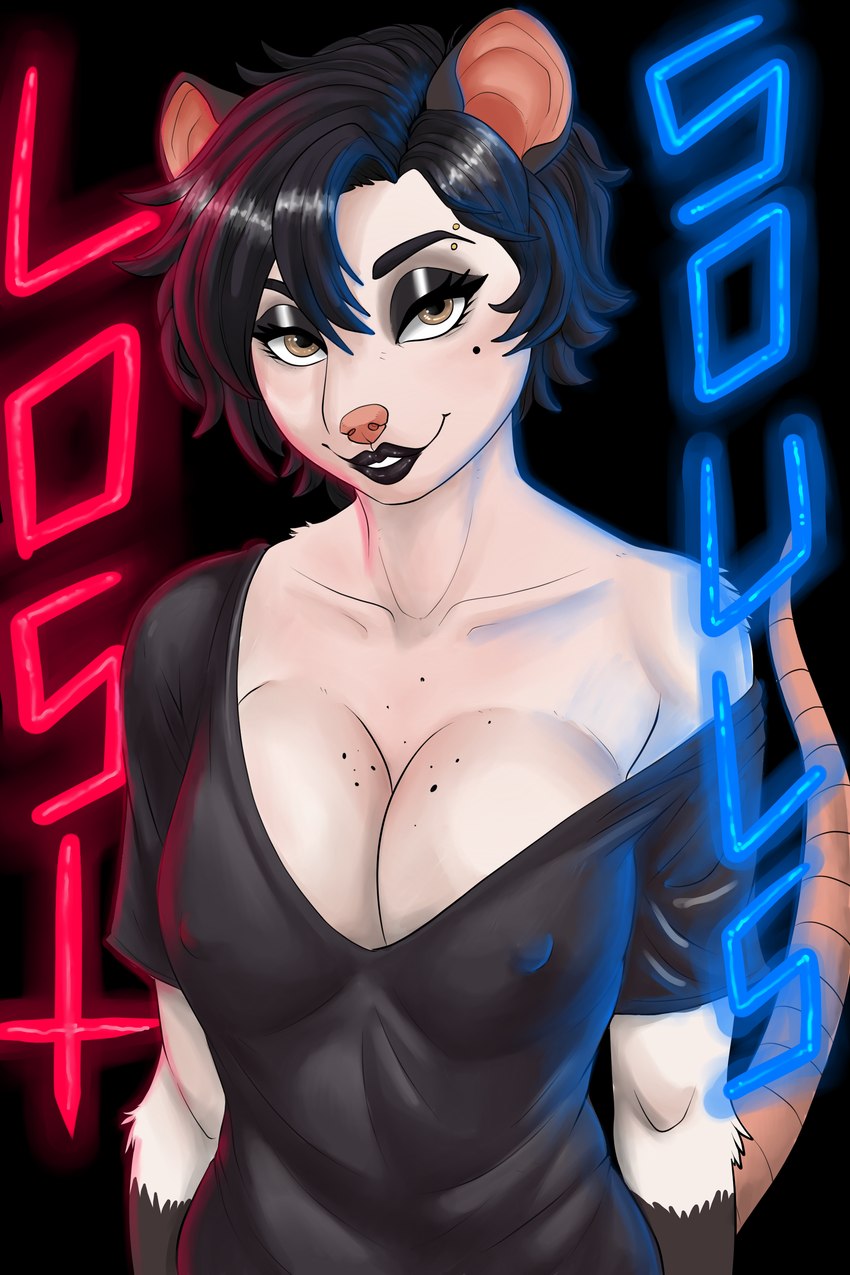 alternative_fashion anthro breasts clothing eyebrow_piercing facial_piercing female goth neon nipple_outline piercing pose shirt solo t-shirt topwear bloodwolfe89 american_opossum humanoid mammal marsupial 2:3 absurd_res hi_res pinup