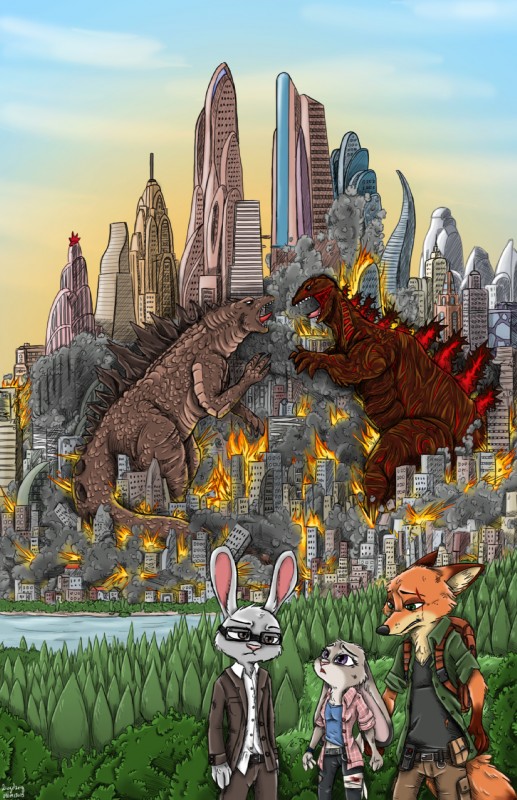 backpack blood bodily_fluids building city destruction eyewear fanfiction fire forest glasses green_eyes group house macro plant purple_eyes riot river smoke towers town tree wounded ziegelzeig disney godzilla_(series) toho zootopia godzilla judy_hopps nick_wilde shin_godzilla canid canine fox lagomorph leporid lizard mammal rabbit red_fox reptile scalie true_fox crossover hi_res