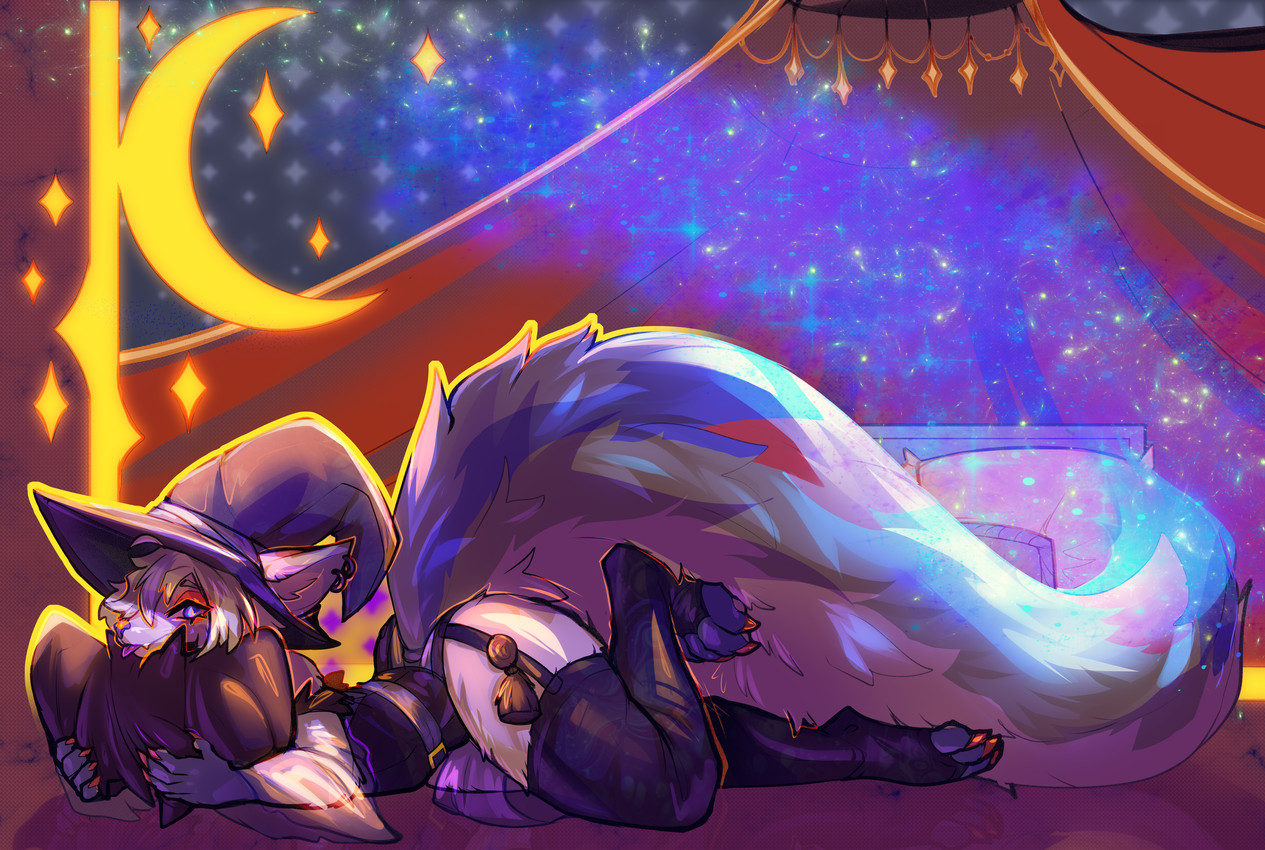 anthro clothing female glitter hat headgear headwear legwear lying on_front pillow solo sparkles stockings tail text witch_hat conditional_dnp elvche talia canid canine canis mammal wolf absurd_res english_text hi_res