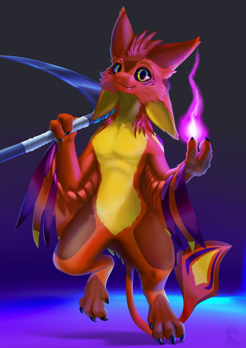 3_fingers 4_ears 4_toes anthro casting_spell claws elemental_manipulation feathers feet fingers fire fire_manipulation floating looking_at_viewer magic male melee_weapon multi_ear nude polearm purple_body purple_feathers red_body red_feathers scythe simple_background smile solo toes weapon yellow_body yellow_eyes yellow_feathers corbin_(roscy) avali hi_res