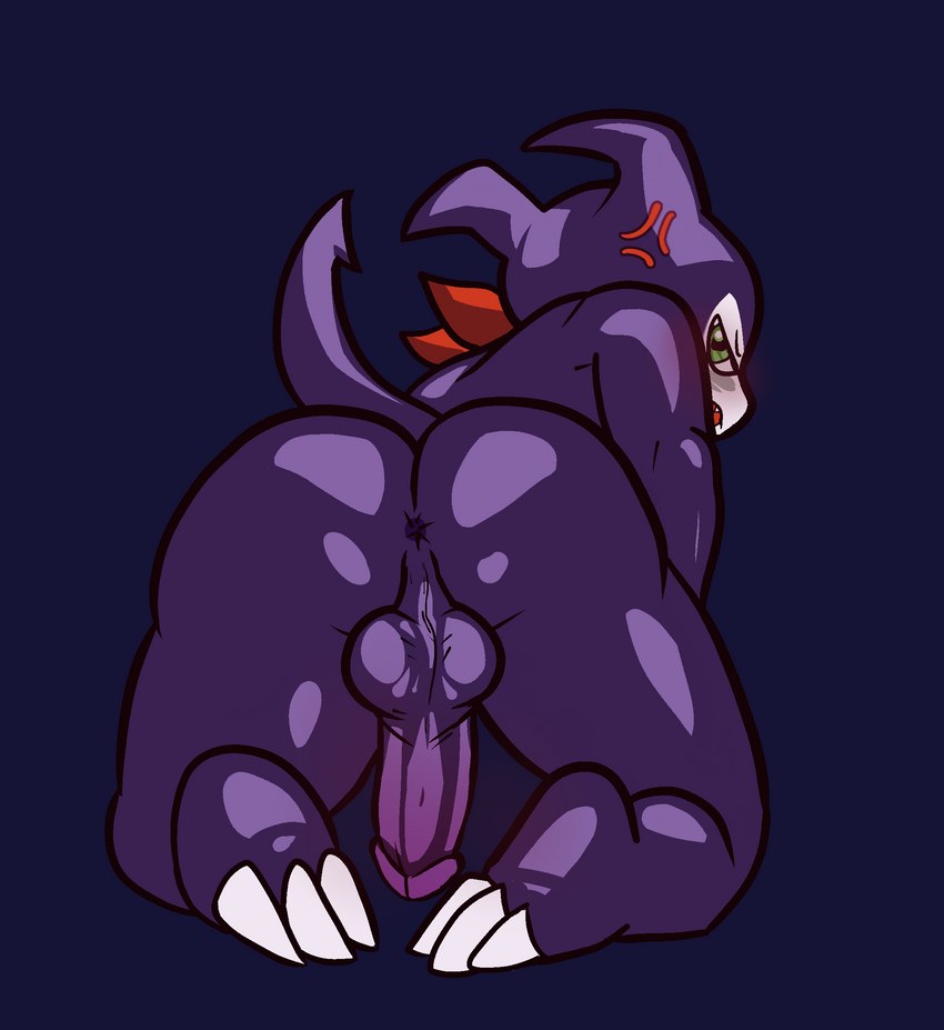 all_fours annoyed anthro anus backsack balls blush butt genitals male male_anthro penis presenting presenting_anus presenting_hindquarters purple_background purple_body short short_anthro short_male simple_background solo leptail bandai_namco digimon digimon_(species) humanoid imp impmon digital_media_(artwork) hi_res