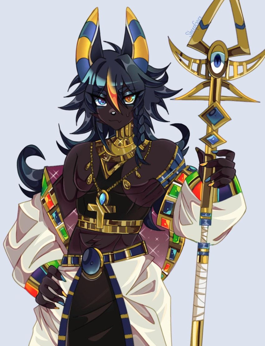 ankh ankh_necklace ankh_pendant anthro bangs clothing colored_nails crop_top egyptian egyptian_clothing femboy gold_(metal) golden_accessories hair hand_on_hip heterochromia holding_object holding_staff jewelry long_hair male nails oversized_clothing shirt solo staff topwear unimpressed usekh sheepgore anubian_jackal canid canine canis jackal mammal hi_res