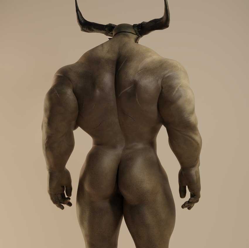 2_horns back_muscles butt horn male muscular muscular_male nude rear_view scar simple_background solo voluox bioware dragon_age electronic_arts iron_bull humanoid qunari 3d_(artwork) absurd_res digital_media_(artwork) hi_res