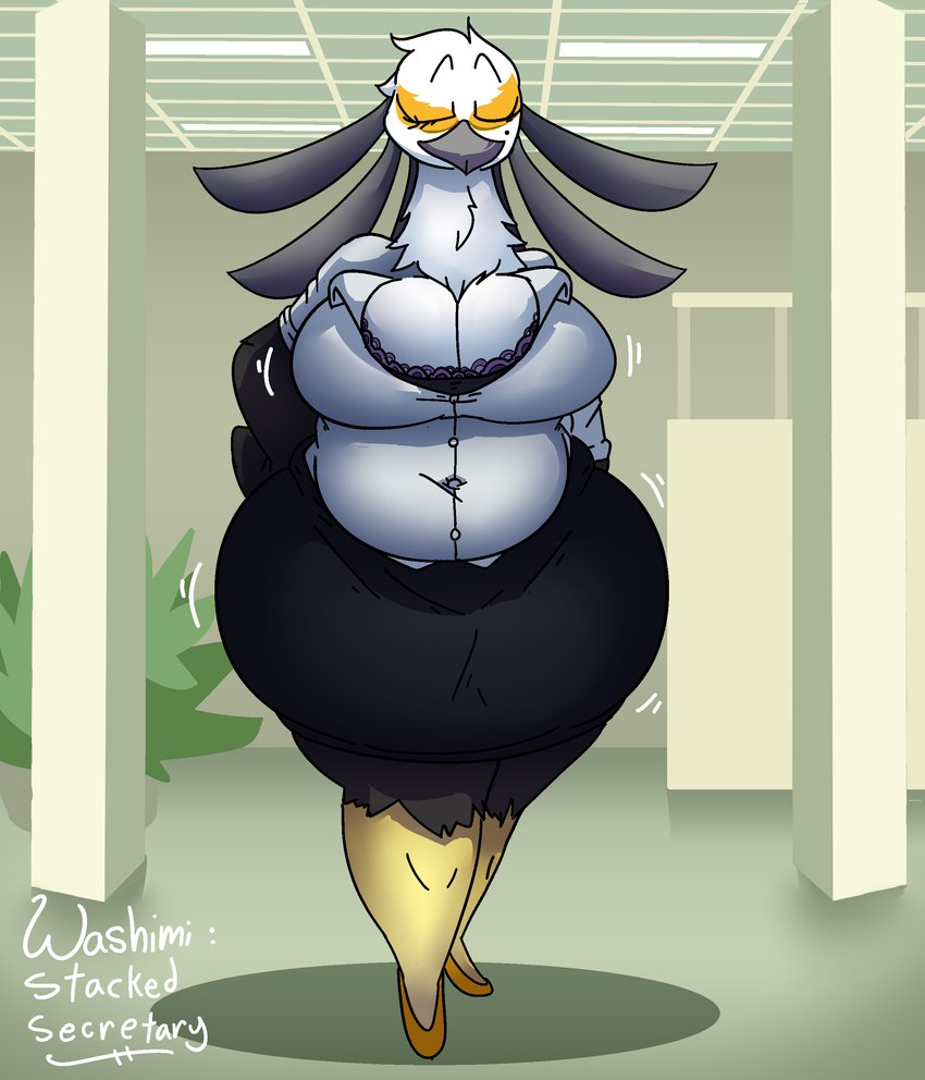 after_vore anthro anthro_pred beak belly big_belly big_breasts black_bottomwear black_clothing black_skirt bottomwear breasts cleavage clothed clothing detailed_background eyes_closed feathers female female_pred fishnet_clothing fishnet_legwear fishnet_thigh_highs grey_beak inside legwear overweight overweight_anthro overweight_female skirt standing thick_thighs thigh_highs tight_clothing vore weight_gain white_body white_feathers wide_hips the_hookaloof aggretsuko sanrio secretary_washimi accipitriform avian bird secretary_bird absurd_res hi_res