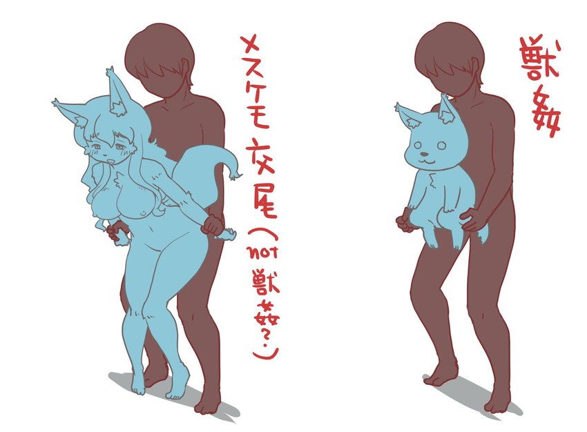 :3 ambiguous_gender anthro bestiality bodyguard_position breasts diagram duo faceless_character faceless_male female feral from_behind_position fur hair human_on_anthro human_on_feral interspecies kemono larger_human larger_male male male/ambiguous male/female nipples nude open_mouth reverse_stand_and_carry_position sex simple_background size_difference smaller_ambiguous smaller_feral standing standing_sex text white_background wrist_grab kin-shun furry_scale how_to_talk_to_short_people moco_(kin-shun) canid canine canis human mammal wolf hi_res japanese_text meme translated