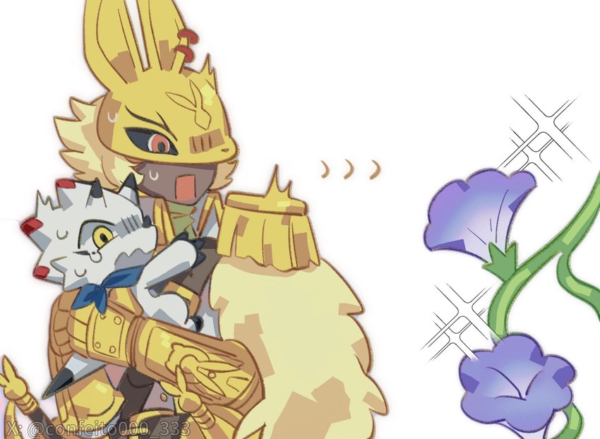 anthro blonde_hair duo flower hair horn hug knight male mask plant scared size_difference warrior white_body confeito000_333 bandai_namco digimon digimon_ghost_game diarbbitmon digimon_(species) gammamon humanoid scalie hi_res