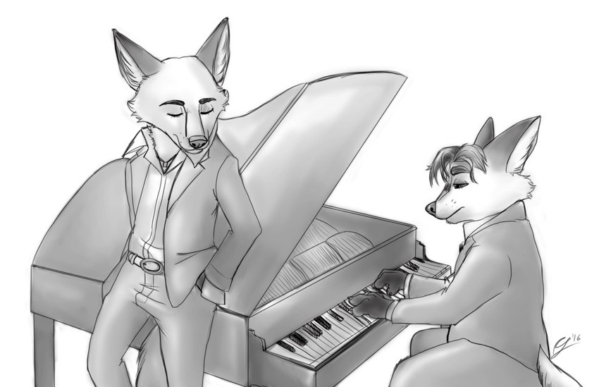 anthro biped bottomwear clothing duo eyes_closed humanoid_hands keyboard_instrument male musical_instrument pants piano shirt sitting slightly_chubby topwear gerardson disney zootopia gideon_grey nick_wilde canid canine fox mammal red_fox true_fox 2016