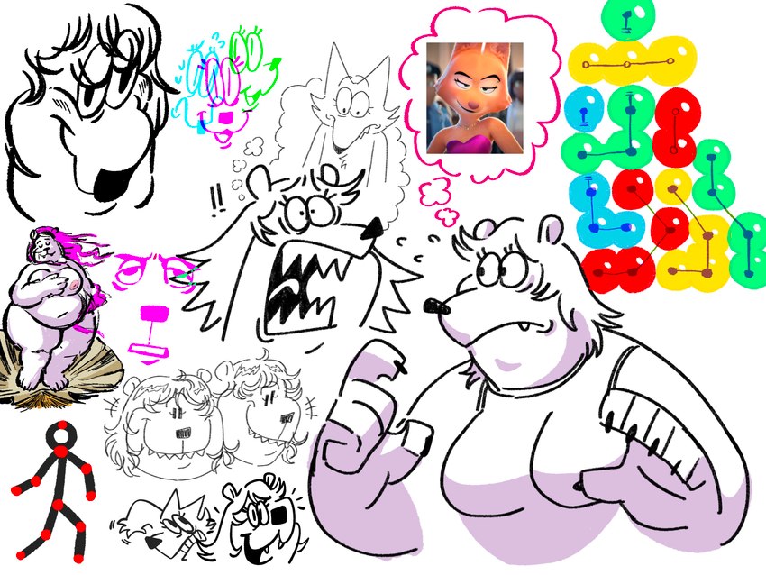 ambiguous_gender anthro breasts fangs female group looking_at_viewer looking_away nude slightly_chubby stick_figure teeth thought_bubble twistcmyk birth_of_venus dreamworks the_bad_guys diane_foxington noelle_(twistcmyk) twist_(twistcmyk) bear canid canine canis domestic_dog humanoid mammal 4:3 absurd_res hi_res