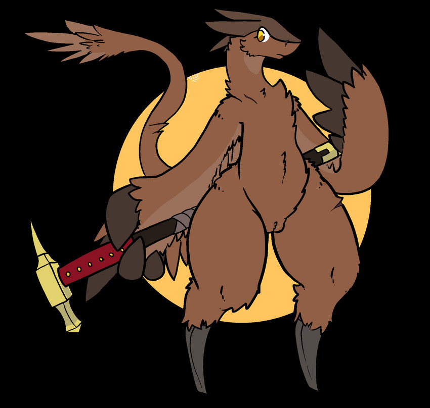 anthro feather_hands feathers featureless_feet feet female flat_chested genitals holding_object holding_weapon melee_weapon nude polearm polehammer pussy solo standing weapon trout_(artist) avian hybrid mammal nedynvor alpha_channel hi_res