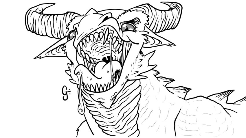 ambiguous_gender bodily_fluids drooling drooling_tongue feral horn looking_at_viewer mouth_shot open_mouth saliva saliva_on_tongue saliva_string scales solo teeth teeth_showing tongue tongue_out uvula waitfurgodot mythology dragon mythological_creature mythological_scalie scalie 16:9 monochrome widescreen