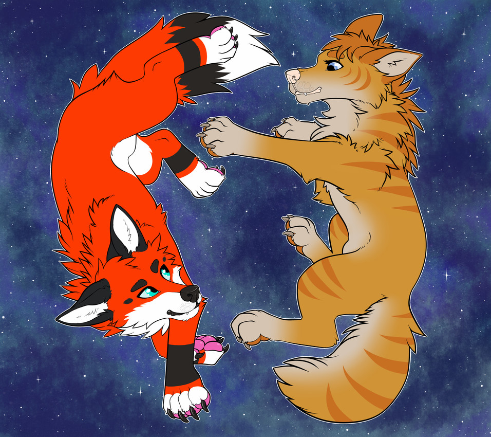 ambiguous_gender belly belly_markings black_claws black_markings black_nose cheek_tuft chest_tuft claws cosmic_background countershade_face countershade_paws countershade_tail countershade_torso countershading dipstick_tail duo eye_contact eyelashes facial_tuft feral fluffy fluffy_tail fur galaxy grey_claws head_tuft inner_ear_fluff looking_at_another markings orange_body orange_fur pawpads paws pointy_ears prick_ears red_body red_fur sky star striped_body striped_markings striped_tail stripes tail tail_markings tuft white_belly white_markings white_nose yin_yang crystalwhisker canid canine fox mammal absurd_res hi_res