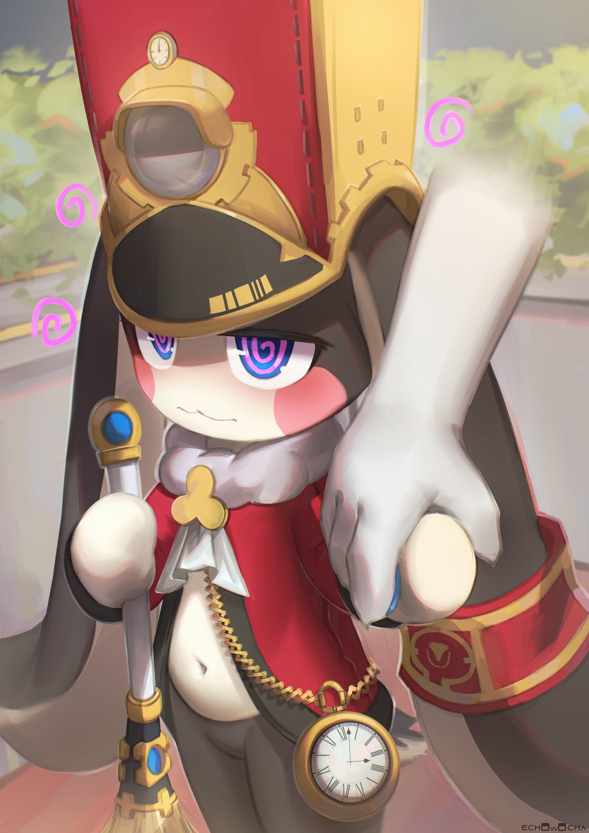 ambiguous_gender anthro big_ears blue_eyes bottomless clock clothed clothing disembodied_hand featureless_crotch hand_holding hat headgear headwear hypnosis mind_control outside pocketwatch solo spiral_eyes topwear topwear_only watch echowocha honkai:_star_rail mihoyo pom-pom_(honkai:_star_rail) lagomorph mammal absurd_res hi_res