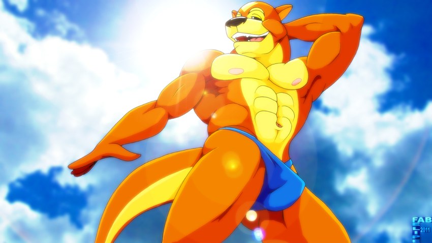 abs anthro biceps biped black_nose blue_clothing blue_speedo blue_swimwear bulge clothed clothing cloud day fur hand_behind_head lens_flare male multicolored_body multicolored_fur muscular muscular_anthro muscular_male navel nipples open_mouth open_smile orange_body orange_fur outside pink_nipples pose sky smile solo speedo speedo_only standing swimwear tail teeth tongue topless two_tone_body two_tone_fur yellow_body yellow_fur fabfelipe mammal mustelid otter 2011