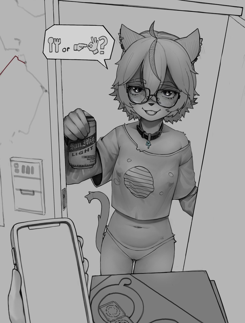 ambiguous_gender anthro arm_warmers armwear beverage_can can choker clothed clothing condom container duo ear_piercing electronics eyewear female first_person_view gesture glasses hair hand_gesture holding_can holding_container holding_object inviting_to_sex jewelry looking_at_viewer midriff necklace nipple_outline offering_sex offscreen_character panties partially_clothed phone piercing pizza_box sex_gesture sexual_barrier_device shirt short_hair suggestive suggestive_gesture symbol t-shirt tail topwear underwear lilfroottea san_miguel_beer_(brand) aeiou_(yoako) felid feline mammal absurd_res hi_res