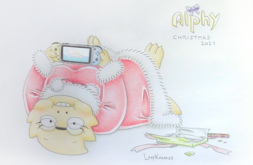 anthro blush bow_tie breasts buckteeth clothed clothing eyewear feet female fingers fully_clothed glasses glasses_askew holding_console holding_nintendo_switch looking_at_viewer lying non-mammal_breasts on_back present_wrap puffed_cheeks santa_coat scales simple_background solo tail teeth text thick_tail toes yellow_body yellow_scales ladykappa95 nintendo nintendo_switch undertale_(series) alphys lizard reptile scalie 2021 digital_media_(artwork) english_text hi_res signature