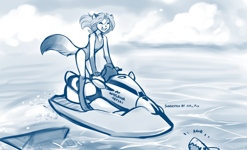 anthro chest_tuft clothed clothing eyes_closed female gloves_(marking) jetski leg_markings markings one-piece_swimsuit open_mouth open_smile outside sea smile socks_(marking) solo swimwear tuft water conditional_dnp tom_fischbach twokinds laura_(twokinds) canid canine fish fox keidran mammal marine red_fox shark true_fox 2022 adobe_photoshop_(artwork) blue_and_white digital_media_(artwork) hi_res monochrome sketch