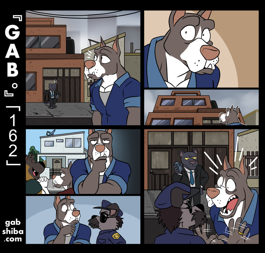 anthro building cellphone city clothing coveralls distracted electronics eyewear fangs fur group holding_cellphone holding_object holding_phone house imagining male misunderstanding outside pensive phone police police_officer police_uniform suit sunglasses suspicious teeth uniform gabshiba gab_(comic) ruff_bull voff_akita akita canid canine canis domestic_dog felid mammal pantherine pit_bull spitz comic