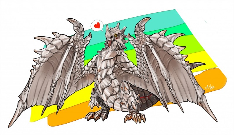 ambiguous_gender biped claws feral grey_body grey_scales heart_symbol horn membrane_(anatomy) membranous_wings scales simple_background solo spikes standing tail tongue tongue_out wings yellow_eyes bebl capcom european_mythology monster_hunter mythology larynkir larynkir_(gravios) dragon flying_wyvern gravios mythological_creature mythological_scalie scalie western_dragon wyvern plates_(disambiguation) digital_media_(artwork)