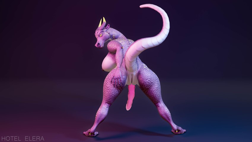 anthro big_breasts breasts female genitals gynomorph intersex intersex/female penis pink_body scales scaly_tail solo tail elsera hotel_elera mythology dragon lizard mythological_creature mythological_scalie reptile scalie game_(disambiguation) absurd_res hi_res