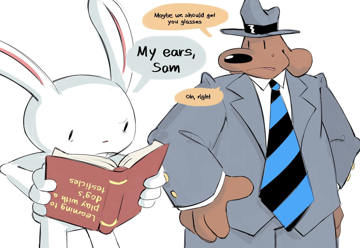 anthro bodily_fluids book brown_body brown_fur clothed clothing duo fur hands_on_hips hat headgear headwear holding_book holding_object long_ears male male/male necktie sharp_teeth suit sweat teeth text white_body white_fur vestigialbones sam_and_max max_(sam_and_max) samuel_dog canid canine canis domestic_dog lagomorph leporid mammal rabbit english_text hi_res
