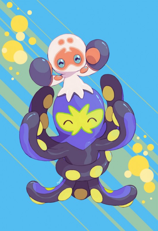 abstract_background anthro blue_background blue_body blue_skin carrying_another evolutionary_family eyes_closed level_difference on_head on_top raised_arm semi-anthro simple_background smaller_on_top suction_cup white_body white_skin yellow_background astralfell nintendo pokemon cephalopod clobbopus coleoid generation_8_pokemon grapploct marine mollusk pokemon_(species) 2019 hi_res